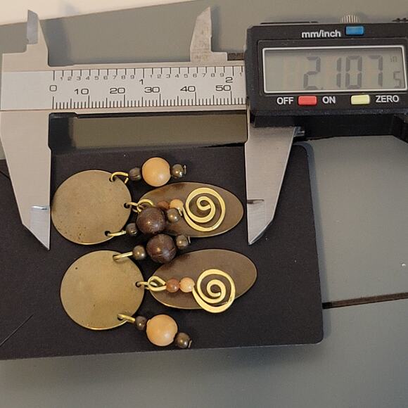 Boho Brass Dangle Earrings with Beads & Spiral Charm Tribal Boho Style - Picture 2 of 6